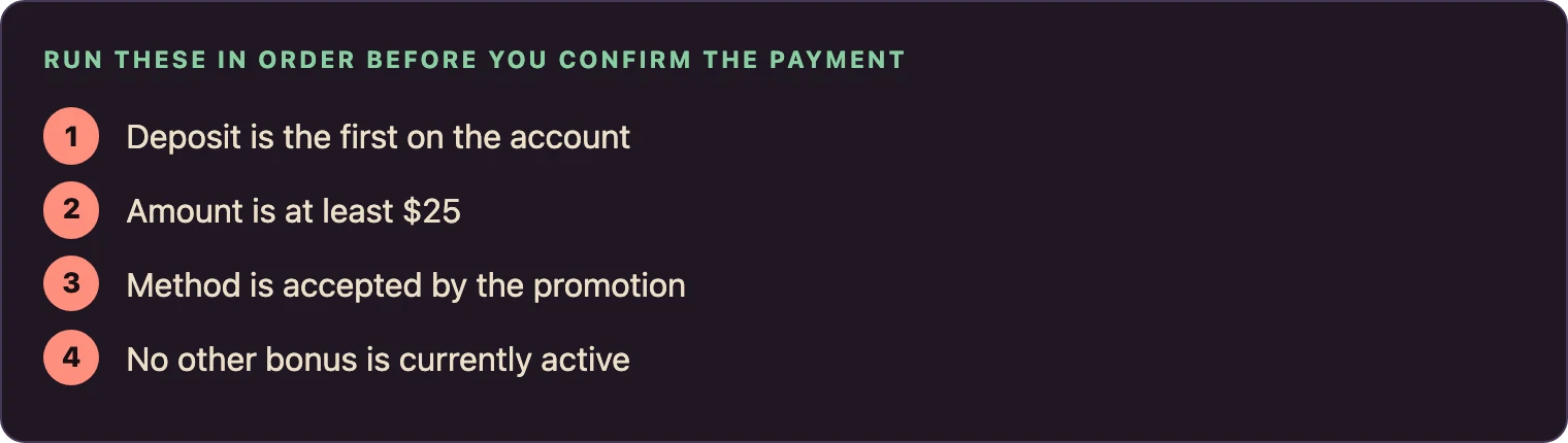 Four checks before a deposit counts for the welcome offer